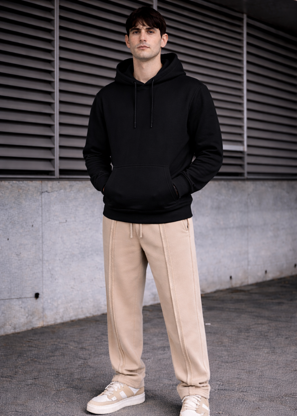 Black Hoodie  Cream Trouser Premium comfort Set